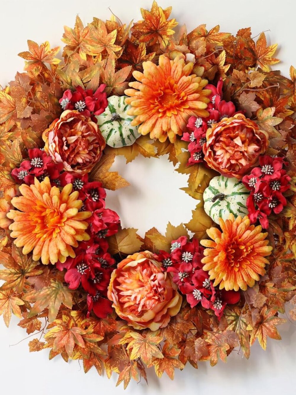 26" Artificial Fall Wreath, Silk Flowers Maple Leaf for Front Door Orange